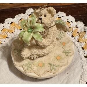 Boyds Bears Angel Bear w/ Green Flower 3" Jar Candle Topper 2003